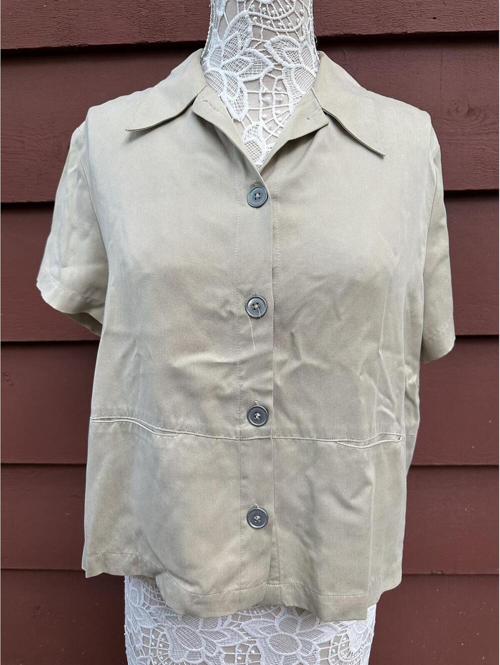 Studio Works Petite Taupe Boxy Cropped Button Front Collared Top